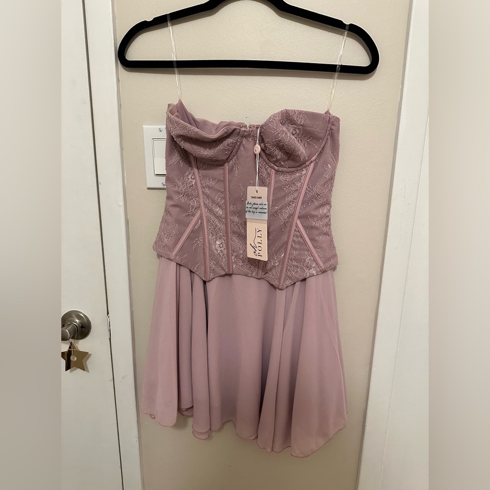 Oh Polly Strapless Dusty Rose Lace Corset Mini Dress